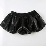 IAMHOTTY European and American Puff Flower Bud Leather Skirt Fashion Solid Color Versatile Leather Short Skirt  y2k skirt