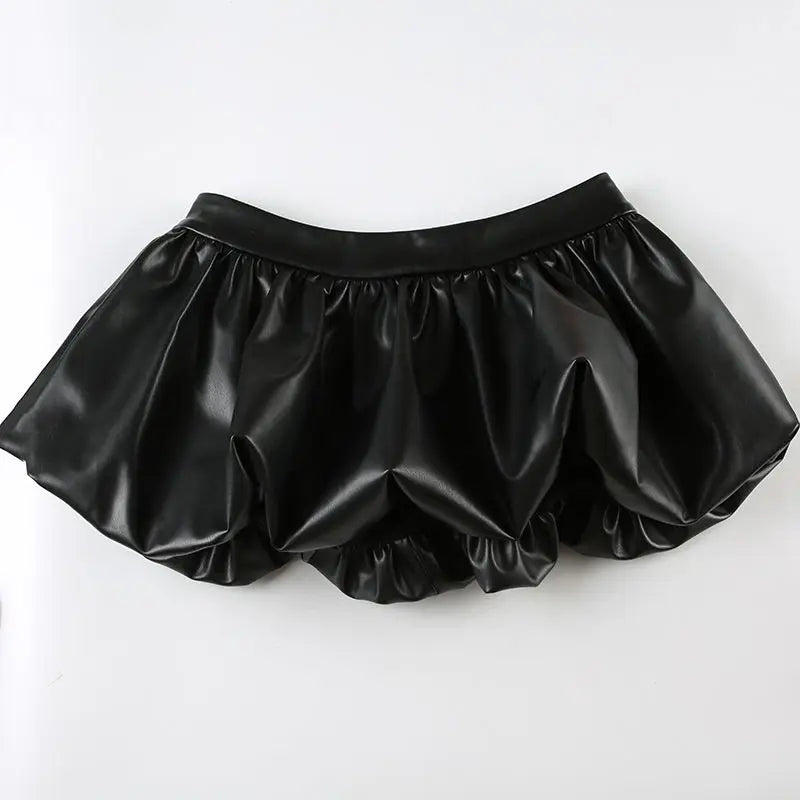 IAMHOTTY European and American Puff Flower Bud Leather Skirt Fashion Solid Color Versatile Leather Short Skirt  y2k skirt