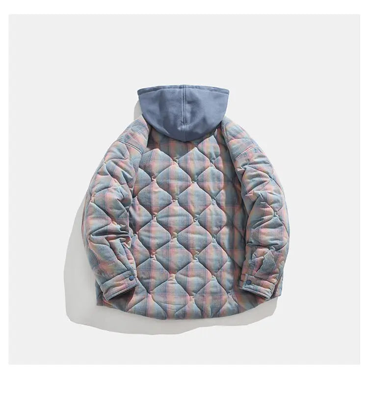 Winter Quilted Thick Plaid Hooded Jacket Men Wmen Streetwear Fashion Oversize Loose Casual Hoody Jacket Padded-cotton Parka Coat