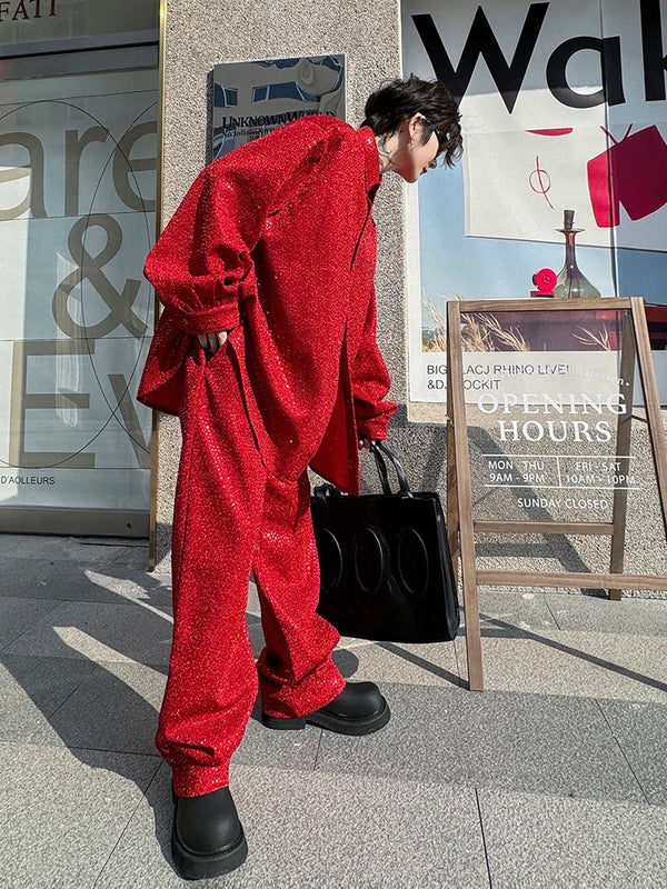 mens sequin 2 piece sets loose casual long sleeve shirt pant stage fashion party show clothing dress shirts trousers costumes clean everyday pants