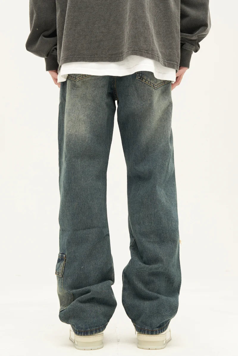 retro washed denim jeans destroyed ripped loose mens biker jeans side pocket fashion streetwear hip hop straight pants joggers casual joggers