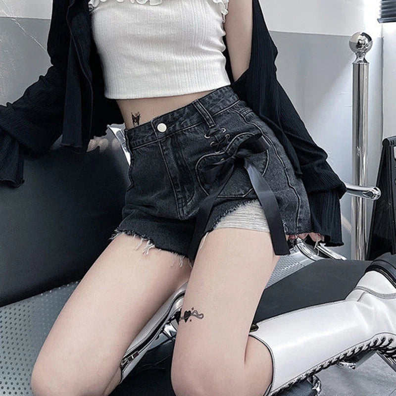 high waist women denim shorts summer fashion bow loose shorts korean casual female streetwear all match ripped pants unique jeans style 1303