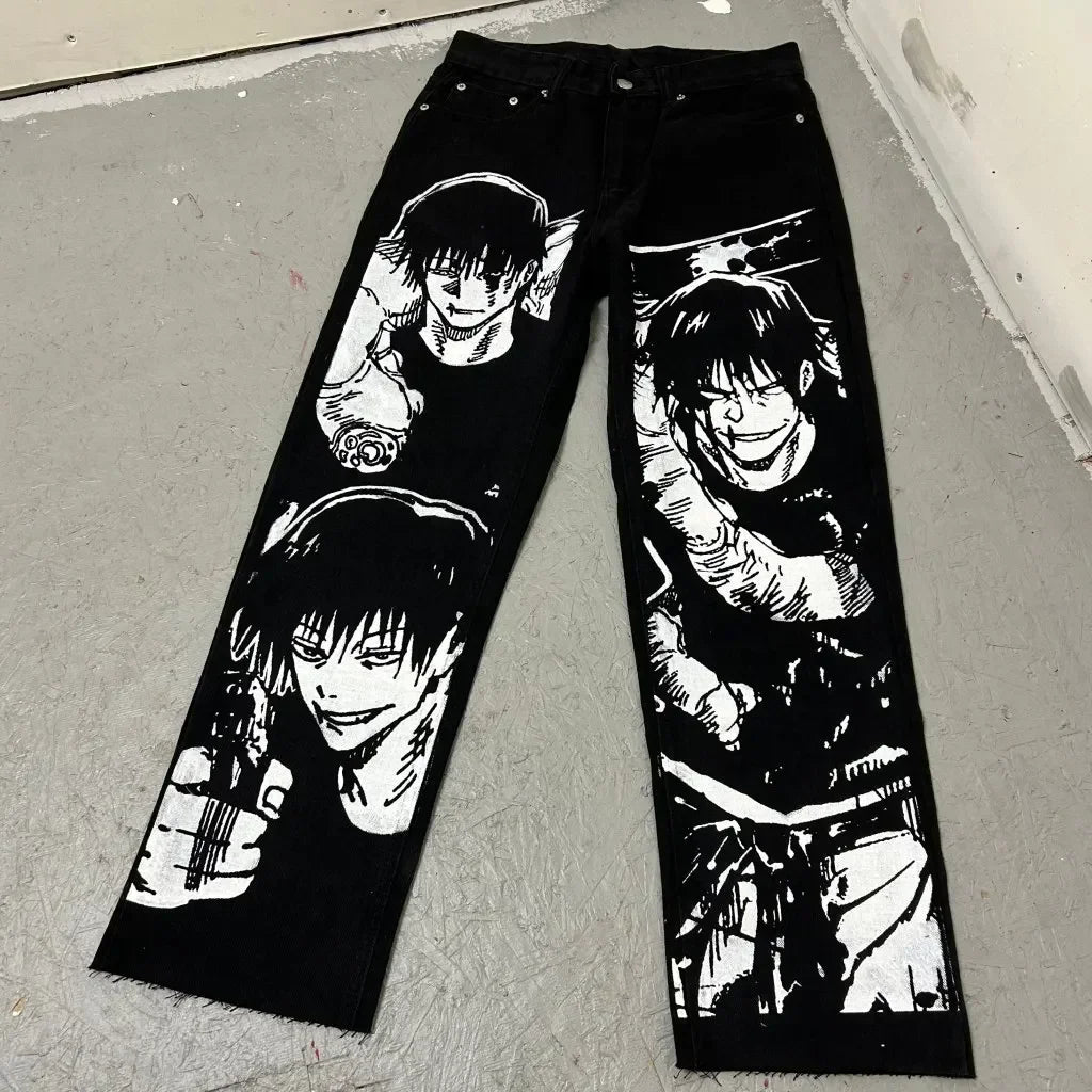 harajuku high street y2k baggy jeans punk popular print wide leg denim pants jeans streetwear trouser men clothing ripped baggy denim