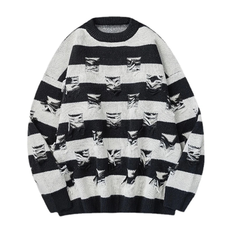 hip hop destroyed ripped holes knitted sweater mens casual striped pullover sweater unisex harajuku streetwear new autumn jumper - Y2K grunge street style, gothic aesthetic hoodie for winter, unisex casual winter pullover