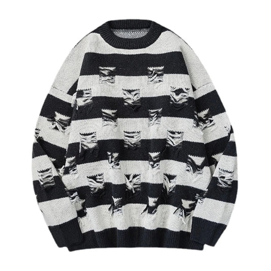 hip hop destroyed ripped holes knitted sweater mens casual striped pullover sweater unisex harajuku streetwear new autumn jumper - Y2K grunge street style, gothic aesthetic hoodie for winter, unisex casual winter pullover