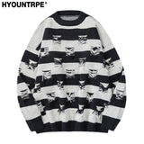 hip hop destroyed ripped holes knitted sweater mens casual striped pullover sweater unisex harajuku streetwear new autumn jumper - Y2K grunge street style, gothic aesthetic hoodie for winter, unisex casual winter pullover