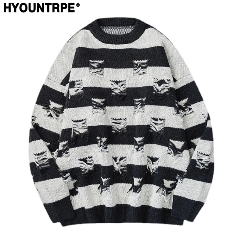 hip hop destroyed ripped holes knitted sweater mens casual striped pullover sweater unisex harajuku streetwear new autumn jumper - Y2K grunge street style, gothic aesthetic hoodie for winter, unisex casual winter pullover