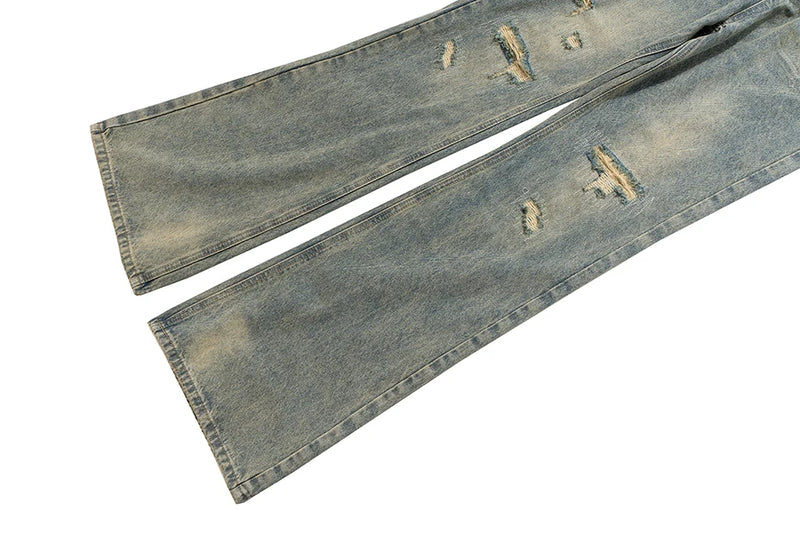 mens vintage ripped jeans distressed hole blue flared jeans trousers luxury designer male denim pants unique jeans style 1633