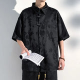 Mens Chinese Loop Buckle Jacquard Design Shirt Daily Casual Personality Versatile Loose Short-sleeve Tops Unisex 2024 Summer