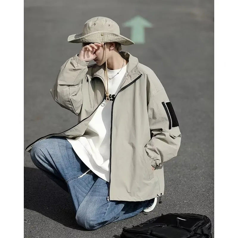 Outdoor Mens Charge Jacket Retro Loose Stand Collar Waterproof Tooling