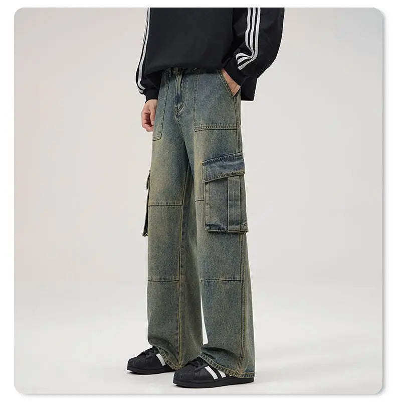 spring and autumn retro men and women trendy straight tube multi pocket work clothes jeans american couple loose casual pants unique jeans style 36