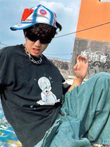 Vintage Retro Cartoon anime washed  high street  summer loose fashion casual T-shirt Tops