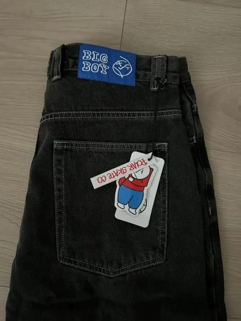 hip hop polar big boy jeans y2k japanese harajuku cartoon embroidery retro baggy jeans black pants womens mens wide leg trouser unique jeans style 4057