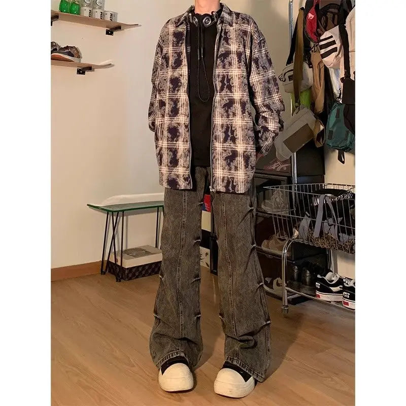 Autumn and Winter 2024 New Smudged Design Y2K Zipper Shirt Men's Korean Handsome Personality