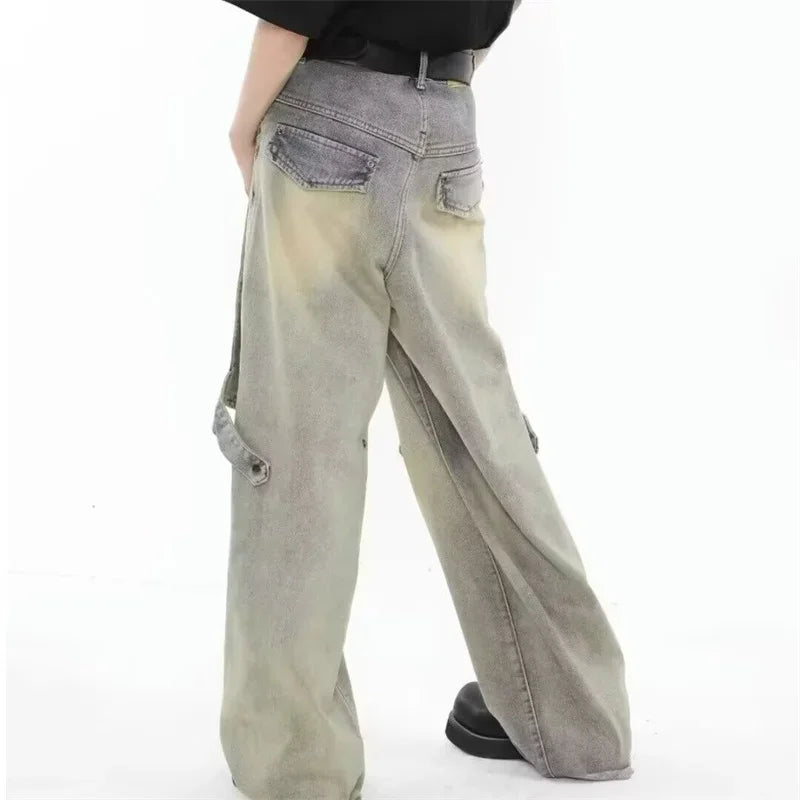 2024 new hip hop wide leg jeans for men washed distressed baggy denim trousers high street deconstruction cargo jean y2k pants utility cargo pants