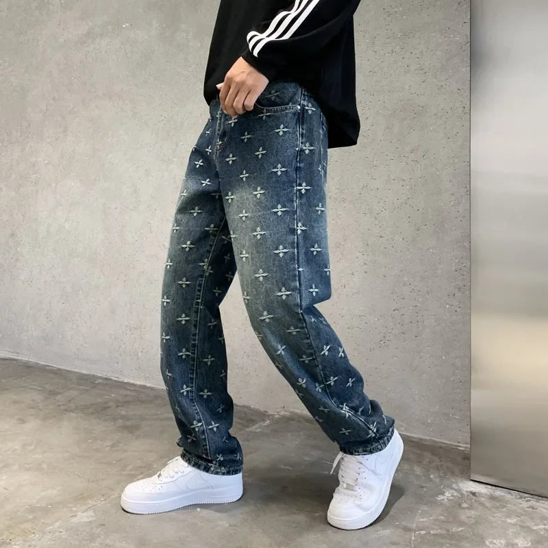 autumn winter new trendy brand jacquard jeans men high street hiphop casual fashion loose denim jeans pants boyfriend trousers vintage washed jeans