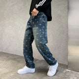 autumn winter new trendy brand jacquard jeans men high street hiphop casual fashion loose denim jeans pants boyfriend trousers vintage washed jeans