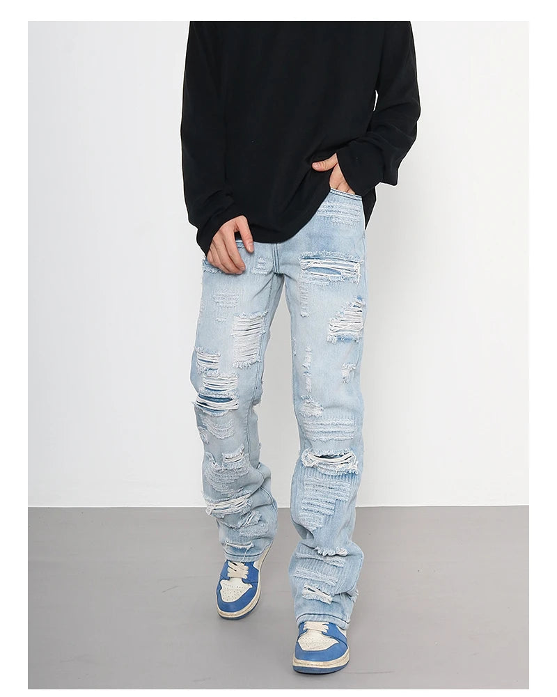 men distressed ripped destroied holes denim jean pants fashion zipper biker jeans streetwear flare pants joggers y2k men s jeans unique joggers style 3799