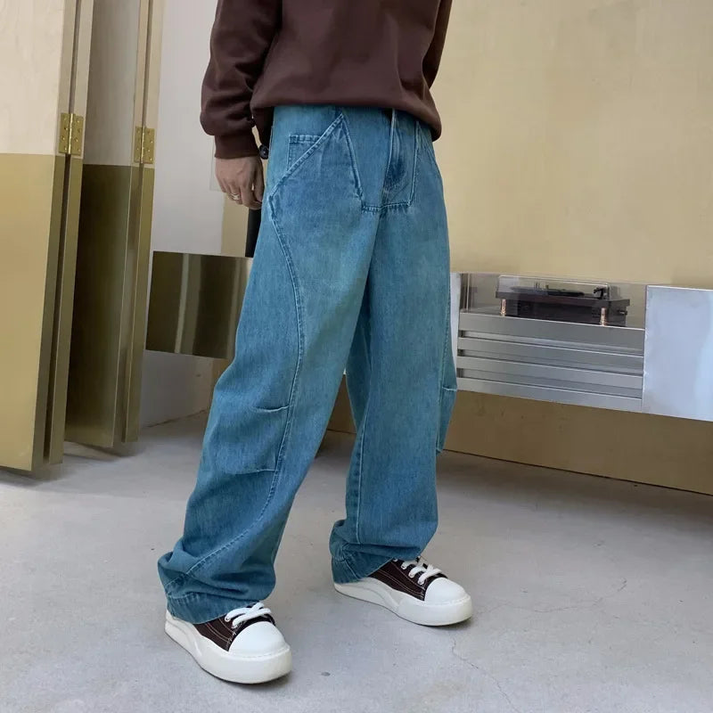 cityboy splice fashion brand jeans men streetwear hip hop vibe loose casual straight washed denim baggy jeans pant man trousers ripped baggy denim