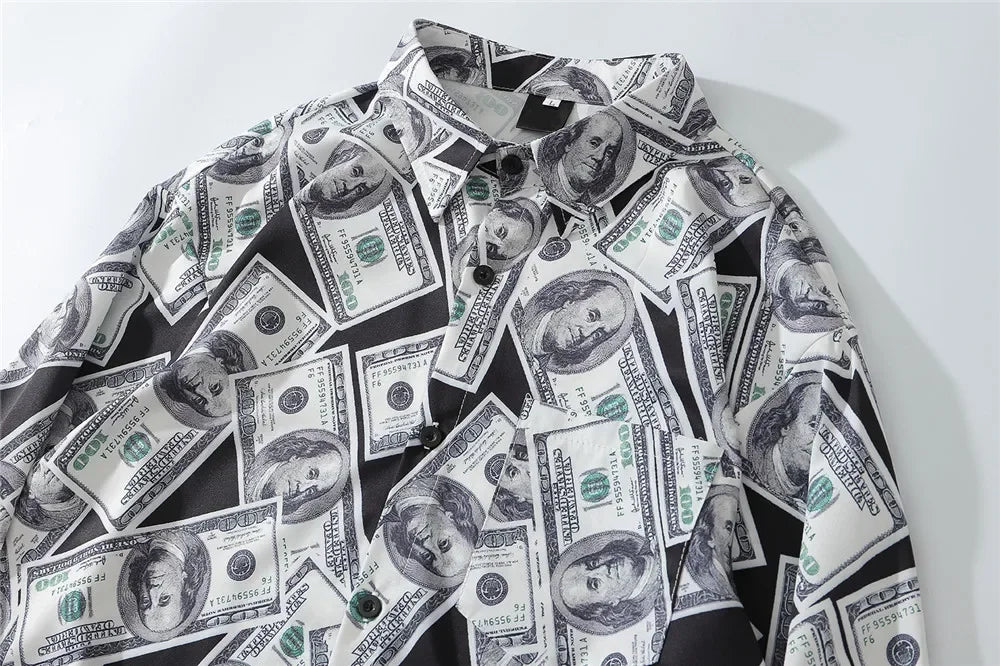 Dark Icon US Dollar Full Printed Shirts Men Turn-down Collar Casual Men's Shirt Logn Sleeve Man Clothing