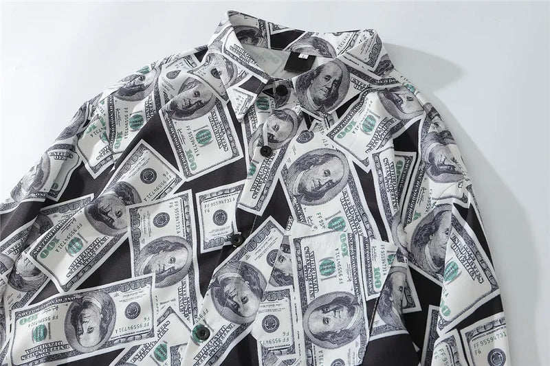 Dark Icon US Dollar Full Printed Shirts Men Turn-down Collar Casual Men's Shirt Logn Sleeve Man Clothing