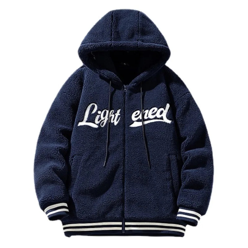men fleece jackets and coats casual letter embroidery hairy zipper hooded outerwear warm streetwear parkas loose bomber jacke - variant style fcfcb9 for streetwear fashion
