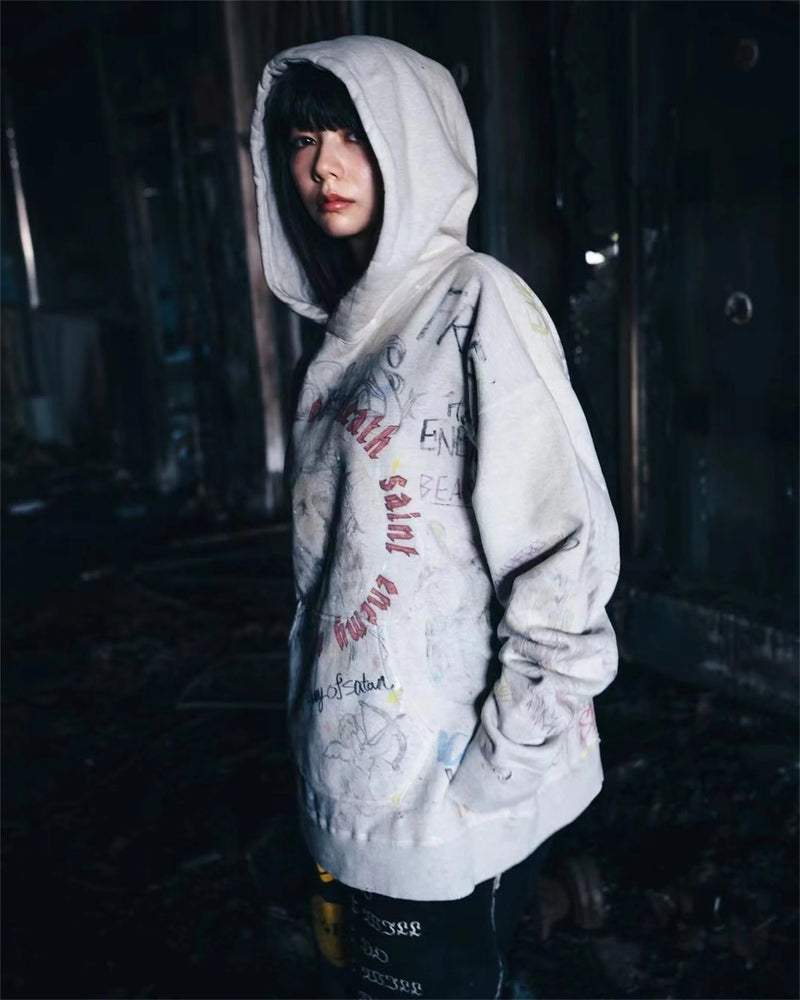 2024 New Arrival Vintage SM Brand Fashion Hand painted Graffiti Vintage ripped distressed hoodie Sweatshirt