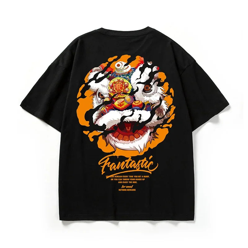 Gothic Barcode glitch – Funny Dancing Lion Print Man T Shirt Cotton Crewneck
