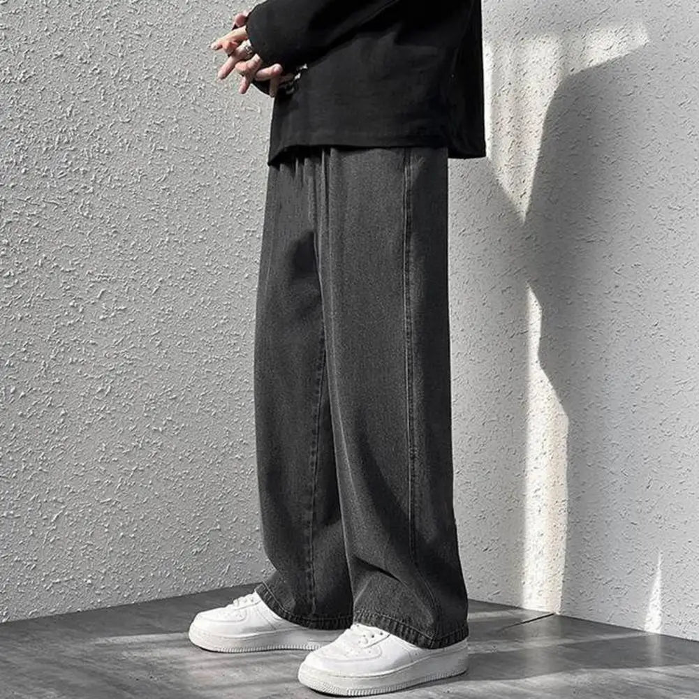 korean mens casual long jeans loose retro straight baggy pants denim wide leg pants light blue grey black retro washed jeans unique jeans style 1256