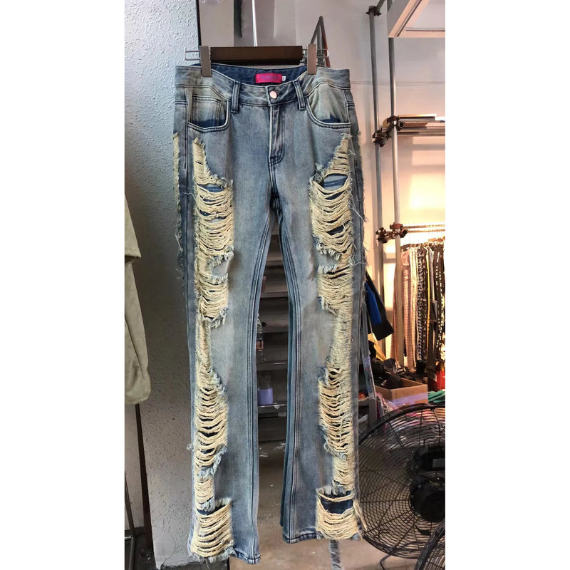 distressed skinny flared jean for mens big washed destroyed ripped denim jeans hip hop street wear blue biker jean pant women stacked flare jeans