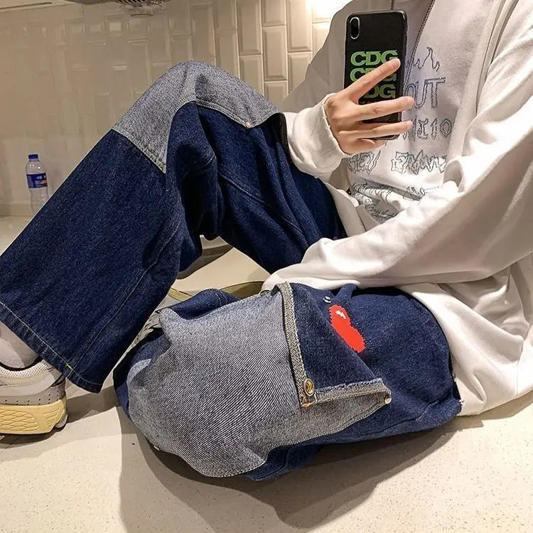 men jeans patchwork multi pocket couple denim pants beggar style cargo pants high street casual male streetwear unique cargo style 2405