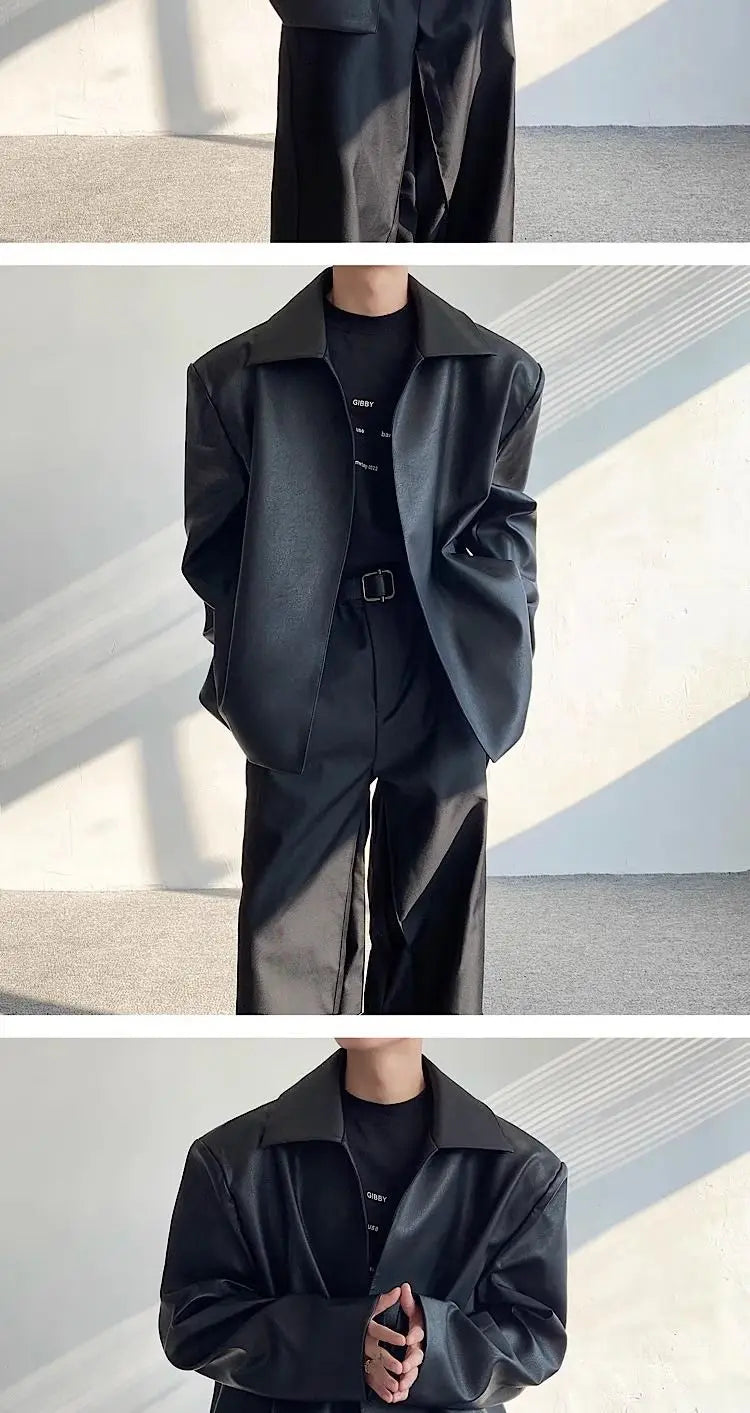 Black Cleanfit Shoulder Padded Leather Casual Jacket Men High End Hand