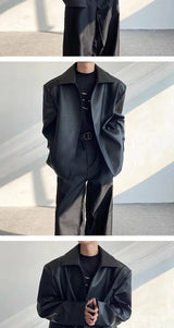 Black Cleanfit Shoulder Padded Leather Casual Jacket Men High End Hand