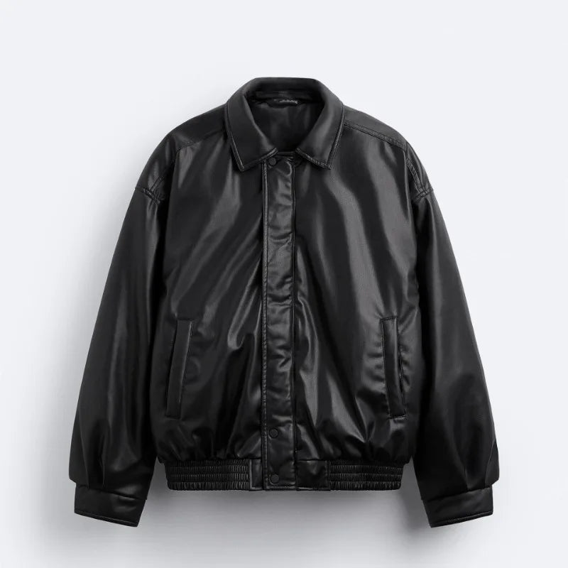 American high street PU imitation leather lapel cotton jacket autumn warm jacket men