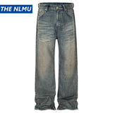 vintage men jeans blue baggy denim pants dirty washed retro loose straight jeans trousers ripped baggy denim