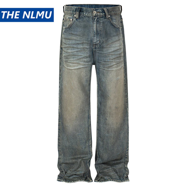 vintage men jeans blue baggy denim pants dirty washed retro loose straight jeans trousers ripped baggy denim