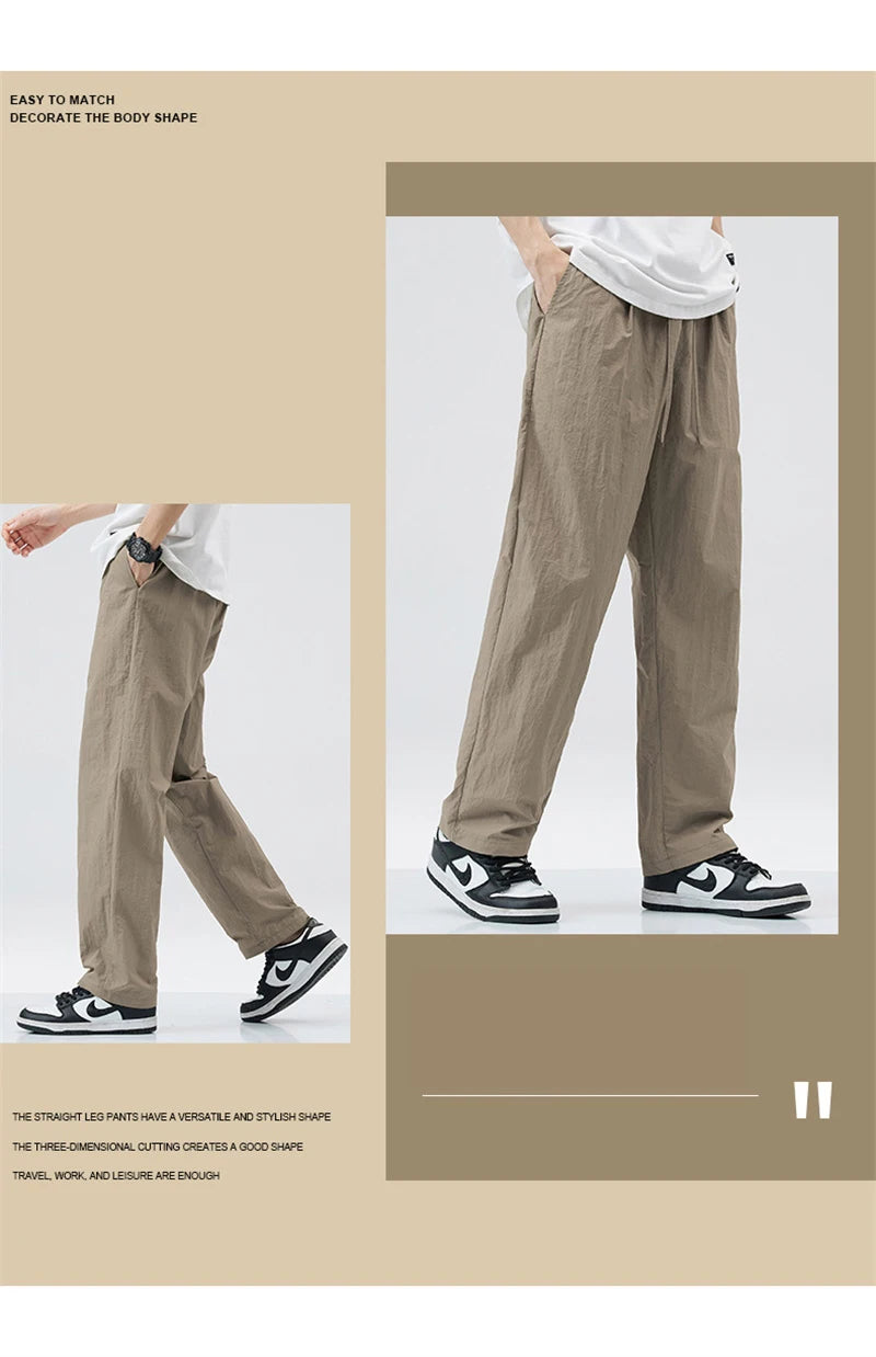 2024 new linen straight baggy pants for men summer breathable wide leg trousers y2k streetwear drawstring gym pantalones hombre unique default style 3273