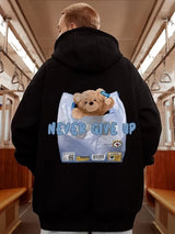 New Never Give Up Bear Printed Hoodies For Men Hip Hop Streetwear Pocket Pullover Sweatshirts Autumn Y2K Vintage Fleece Hoodie