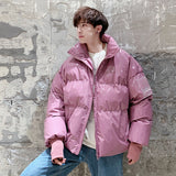 Winter Jacket Men Parkas Thicken Warm Coat Stand Collar Oversize Parkas Bright Leather Fabric Jacket Korean Style Padded Coat