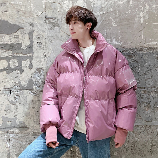 Winter Jacket Men Parkas Thicken Warm Coat Stand Collar Oversize Parkas Bright Leather Fabric Jacket Korean Style Padded Coat
