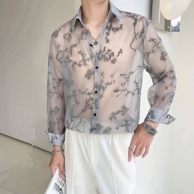 Mens Shirt Semi Transparent Exquisite Bamboo Plum Jacquard Embroidery Pattern Shirt Light Weight Sensual Long Sleeve Tops Summer