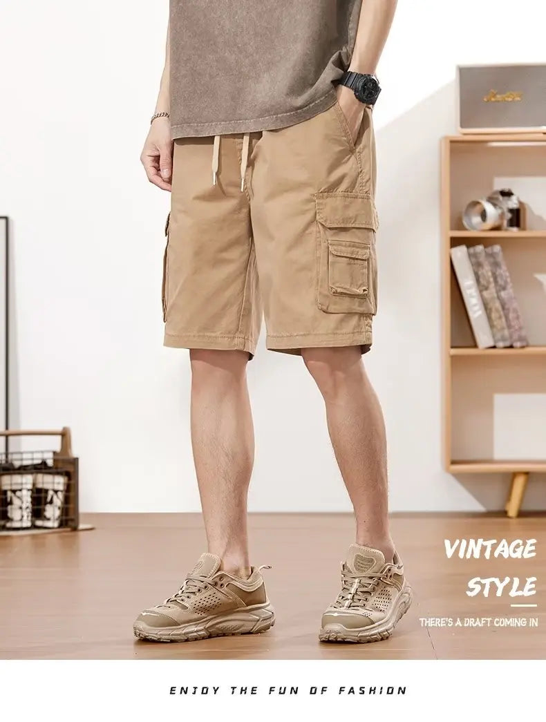 Men's Straight Tooling Shorts for Men Korean Fashion Belt Decoration Khaki Casual