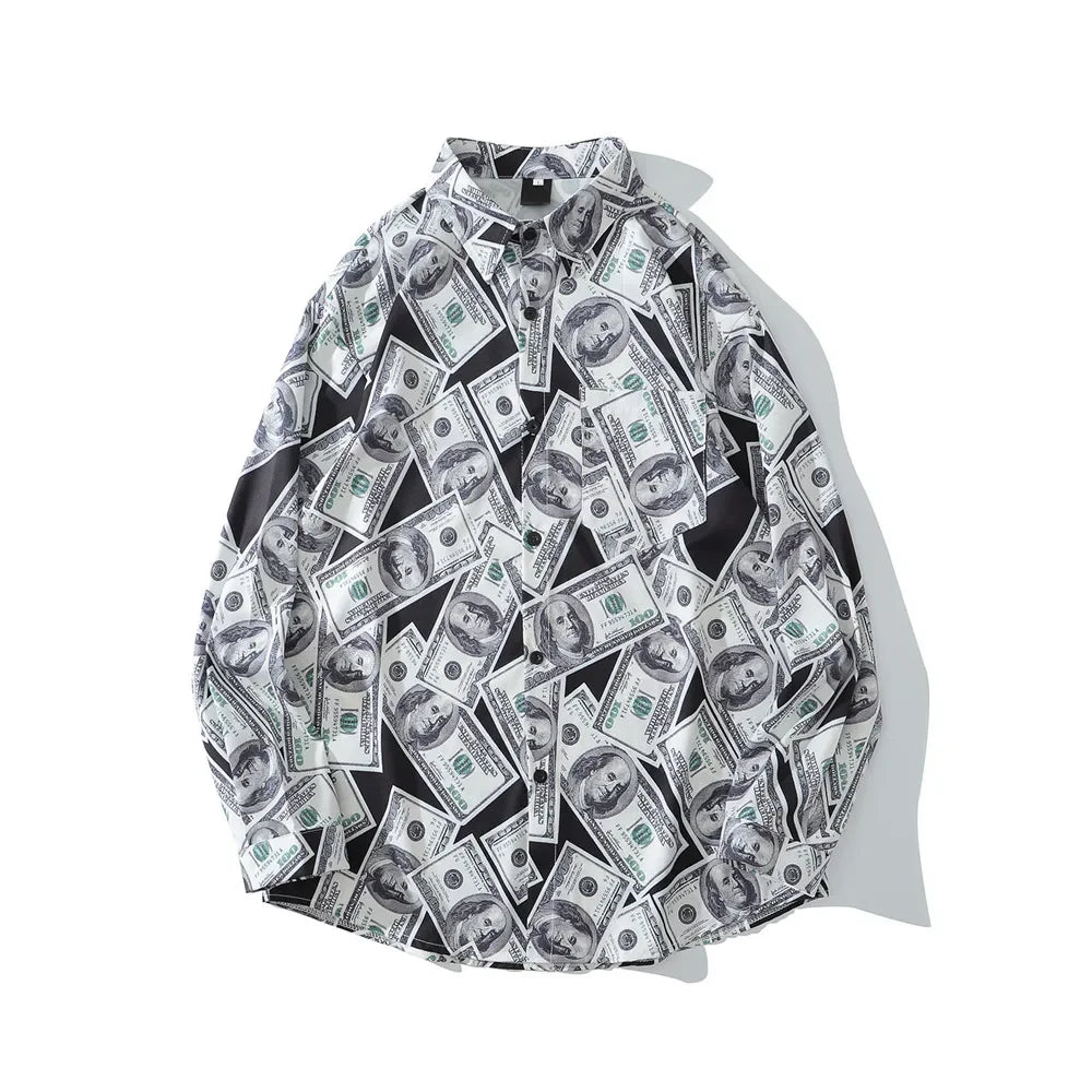 Dark Icon US Dollar Full Printed Shirts Men Turn-down Collar Casual Men's Shirt Logn Sleeve Man Clothing