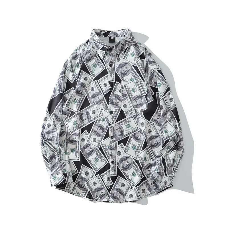 Dark Icon US Dollar Full Printed Shirts Men Turn-down Collar Casual Men's Shirt Logn Sleeve Man Clothing