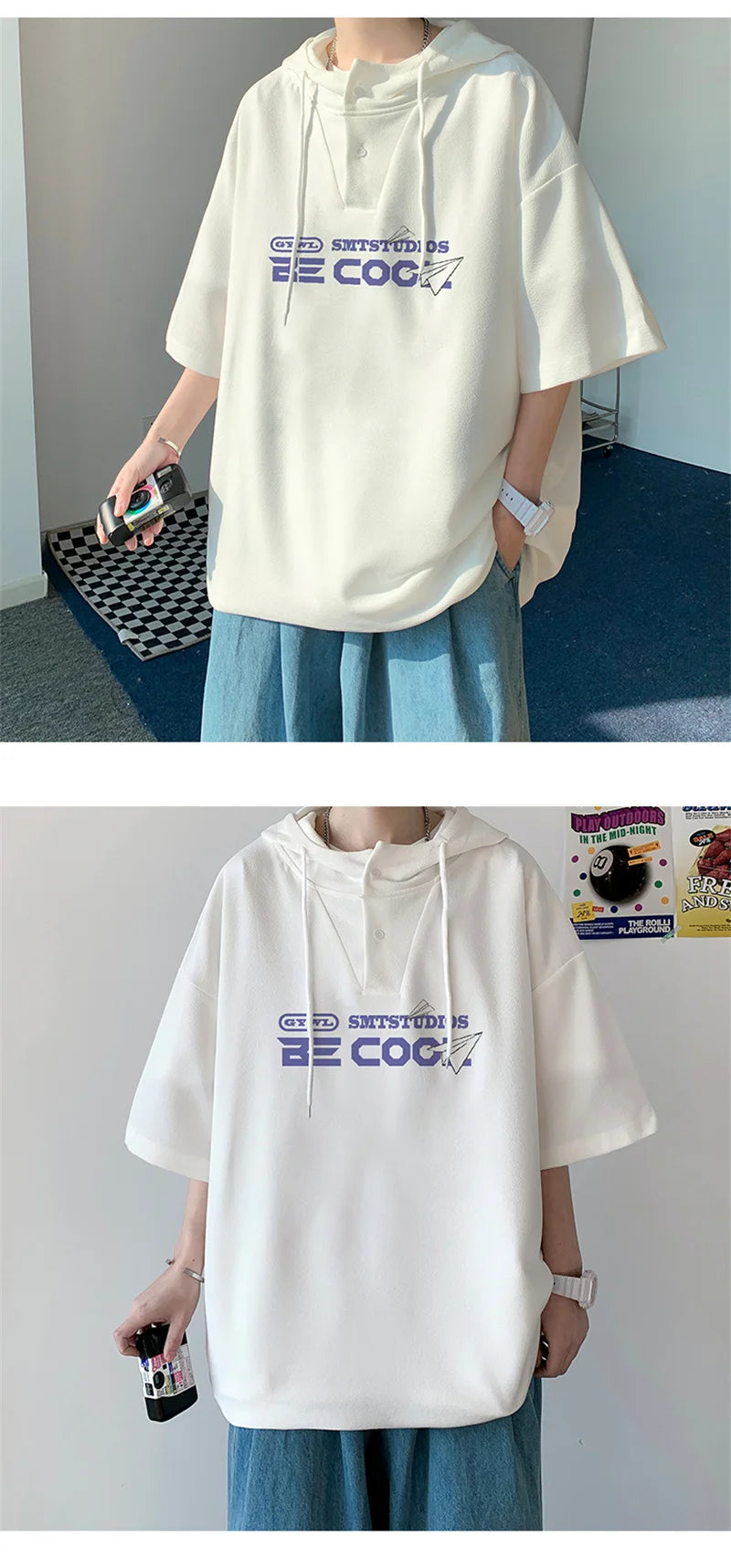Harajuku Vintage anime – New Mens Casual Hooded Y2K T Shirt Summer Short Sleeve