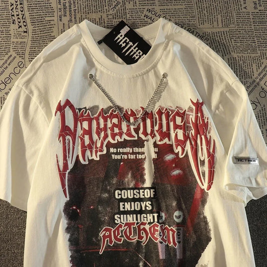 Grunge Aesthetic print tee – Cool Chain Y2K Vintage Letter Graphic T Shirts Hip Hop Haraj
