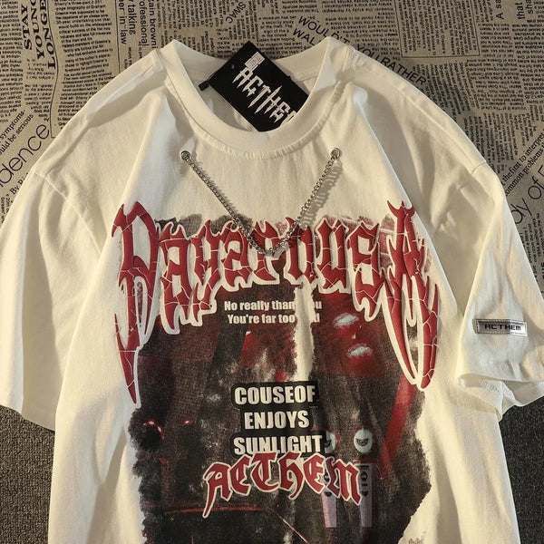 Grunge Aesthetic print tee – Cool Chain Y2K Vintage Letter Graphic T Shirts Hip Hop Haraj