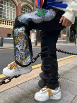 harajuku fashion embroidered patches straight denim pants hip hop washed torn jeans black blue patchwork y2k jeans baggy men unique jeans style 1553