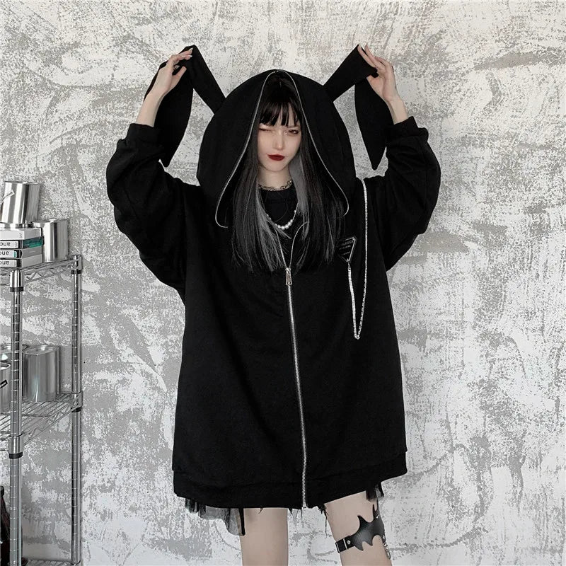Autumn Winter Emo Bunny Hoodie Women Zip Up Kawaii Sweatshirt Rabbit E