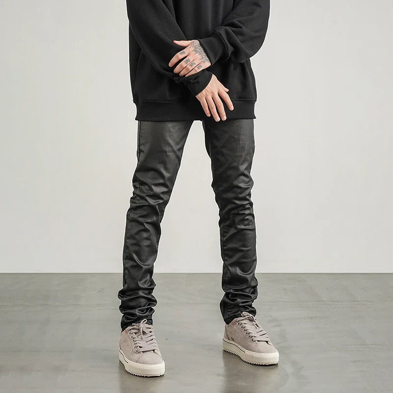 men pants high street wax coating pant casual streetwear hip hop zipper trousers harajuku fashion slim fit skinny pants joggers sporty tapered joggers